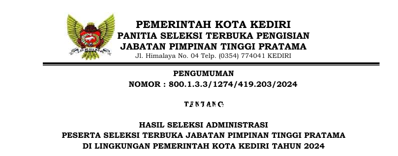 Pengumuman Seleksi Administrasi Selter JPT Pratama